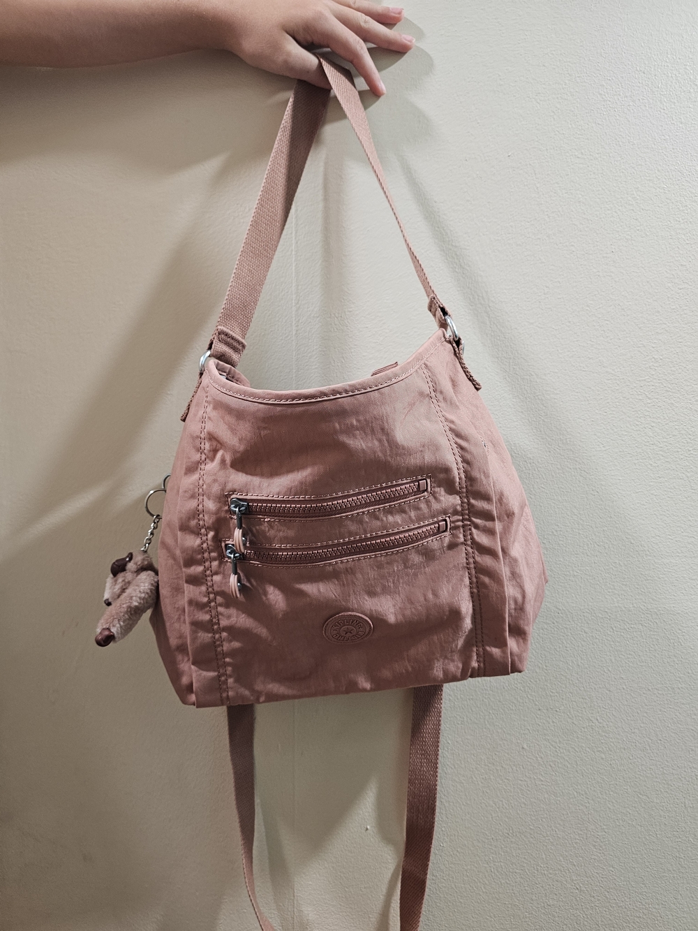 Kipling Rose Pink Shoulder Bag with Front Zip Pockets